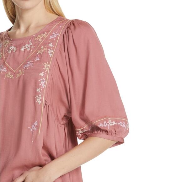 Anthropologie Dolan Pink Rose Embroidered Half Sleeve Top - Picture 2 of 13
